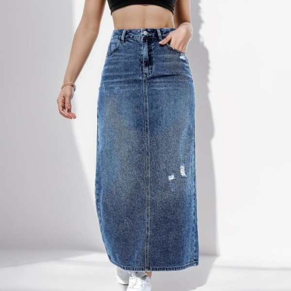 2023 Women's High Waist Denim Straight Skirt - Office Lady Black/Blue Midi Jean Skirt